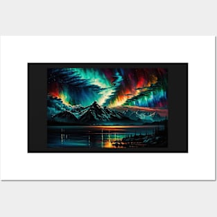 Aurora Borealis over the mountains Posters and Art